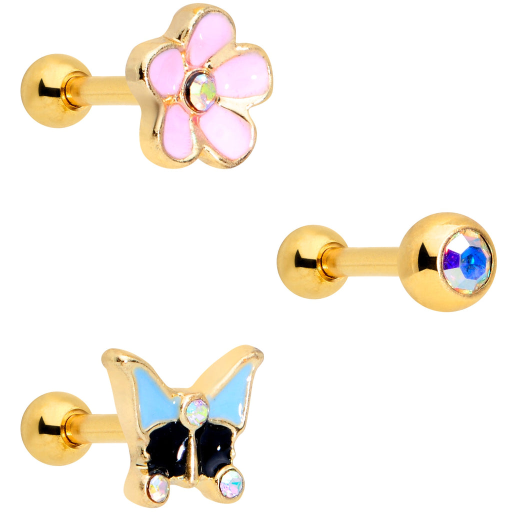 16G 1/4 Aurora Gem Gold Tone Flower Cartilage Tragus Set of 3