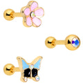 16G 1/4 Aurora Gem Gold Tone Flower Cartilage Tragus Set of 3