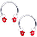 14G 9/16 Red White Mittens Christmas Horseshoe Nipple Ring Set