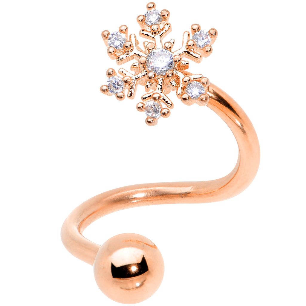 14G 3/8 Clear CZ Gem Rose Gold Tone Snowflake Spiral Belly Ring