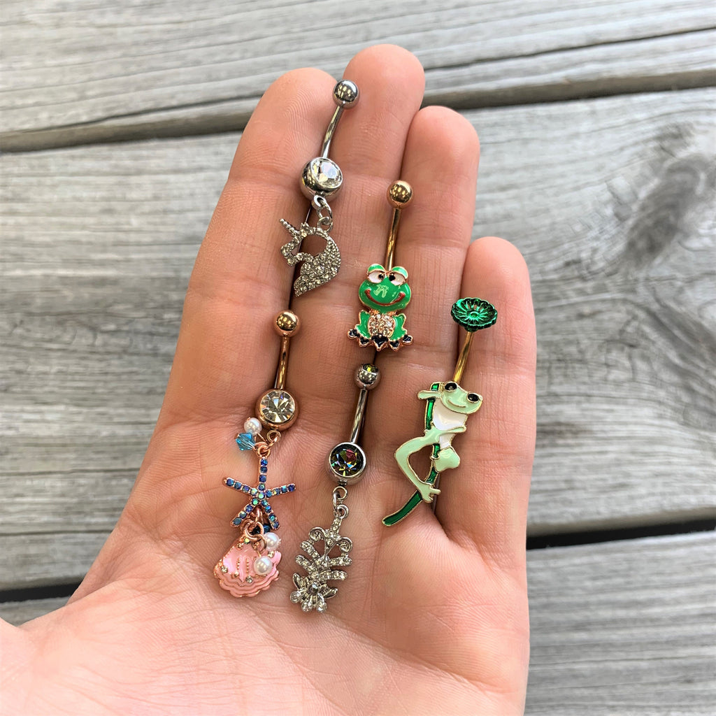 Green Gold Tone Frog Flower Double Mount Belly Ring