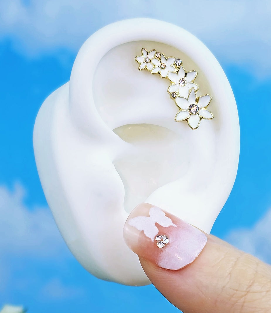 16G 1/4 Clear CZ Gem Gold Tone White Flower Left Cartilage Tragus