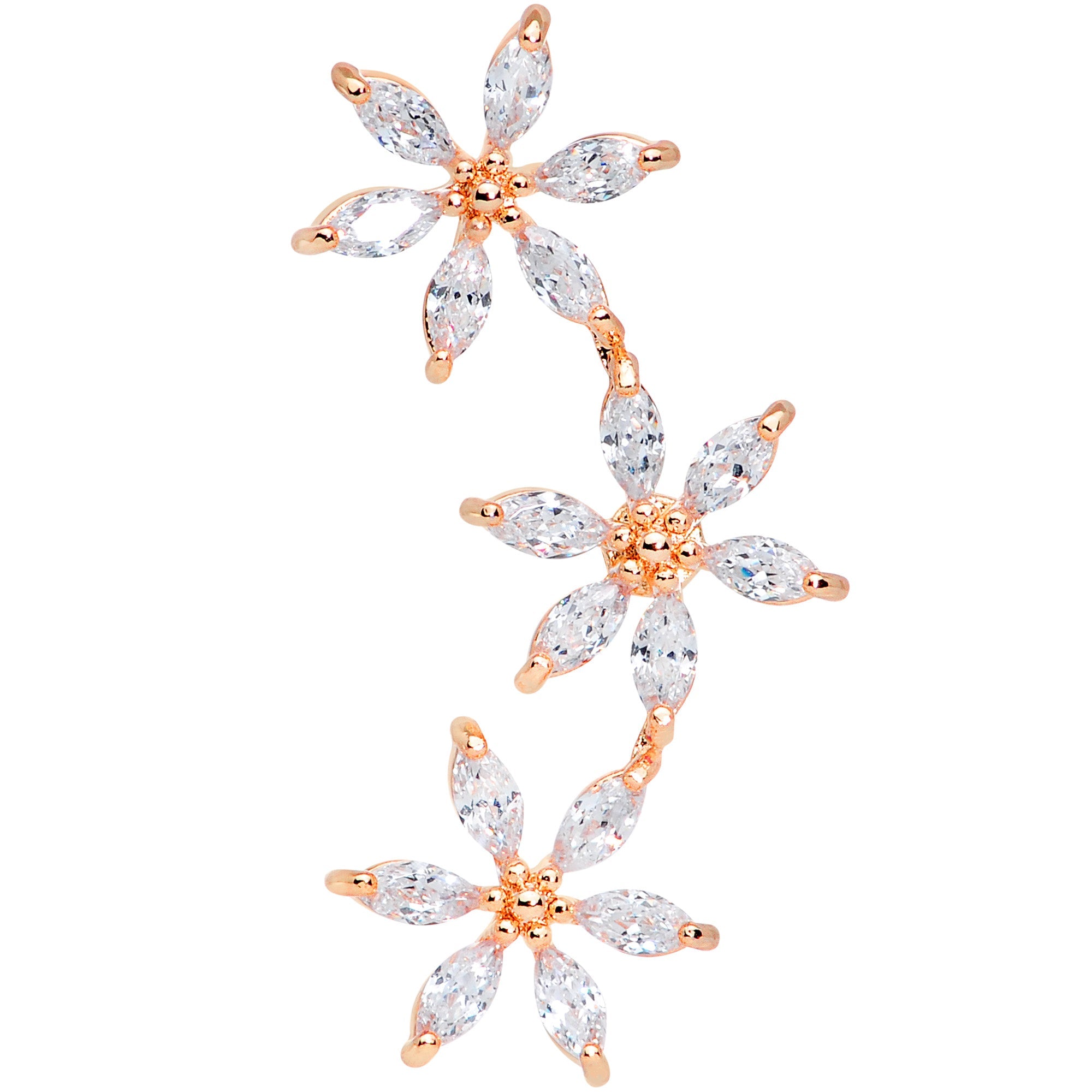 16G 1/4 Clear CZ Gem Rose Gold Tone Tri Flower Cartilage