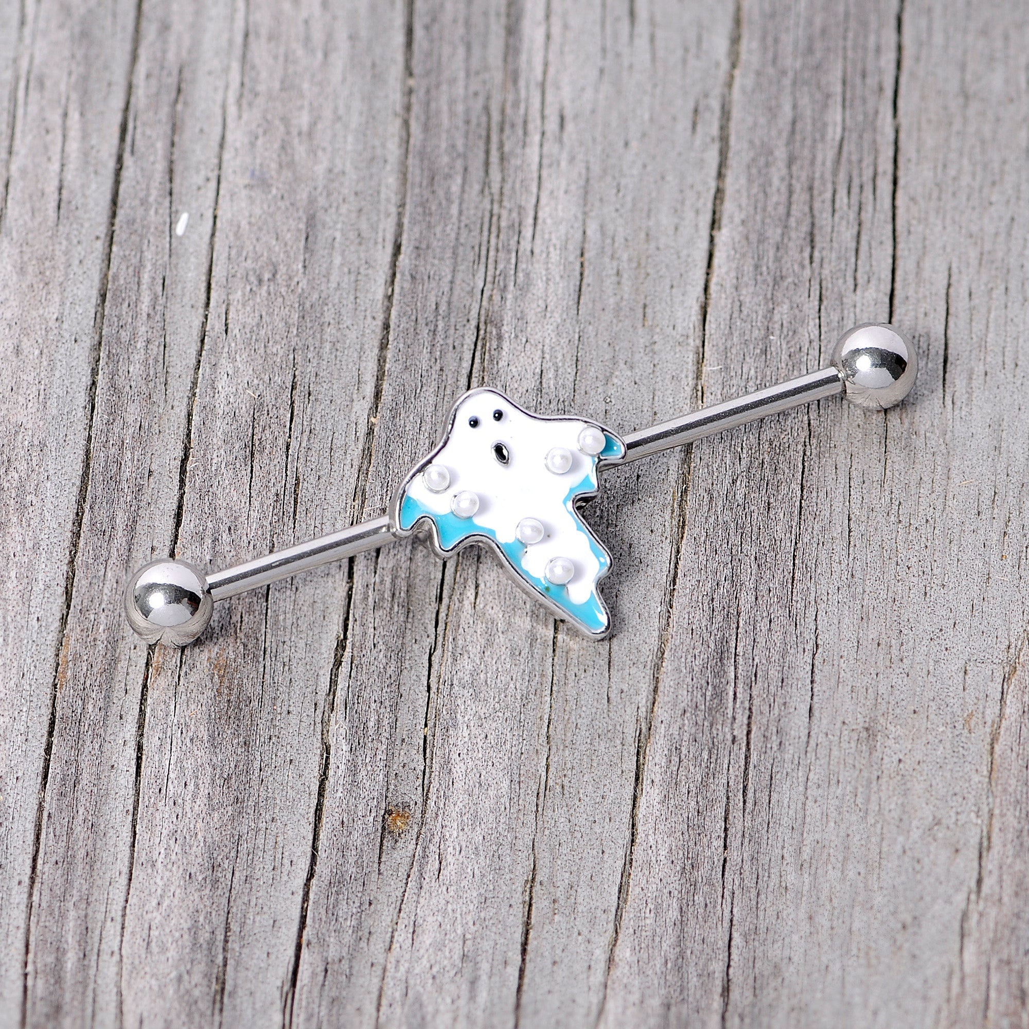 14G White Orb Ghost Halloween Industrial Barbell 38mm