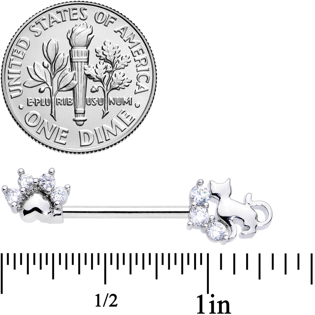 14G 9/16 Clear CZ Gem Paw Print Cat Barbell Nipple Ring Set