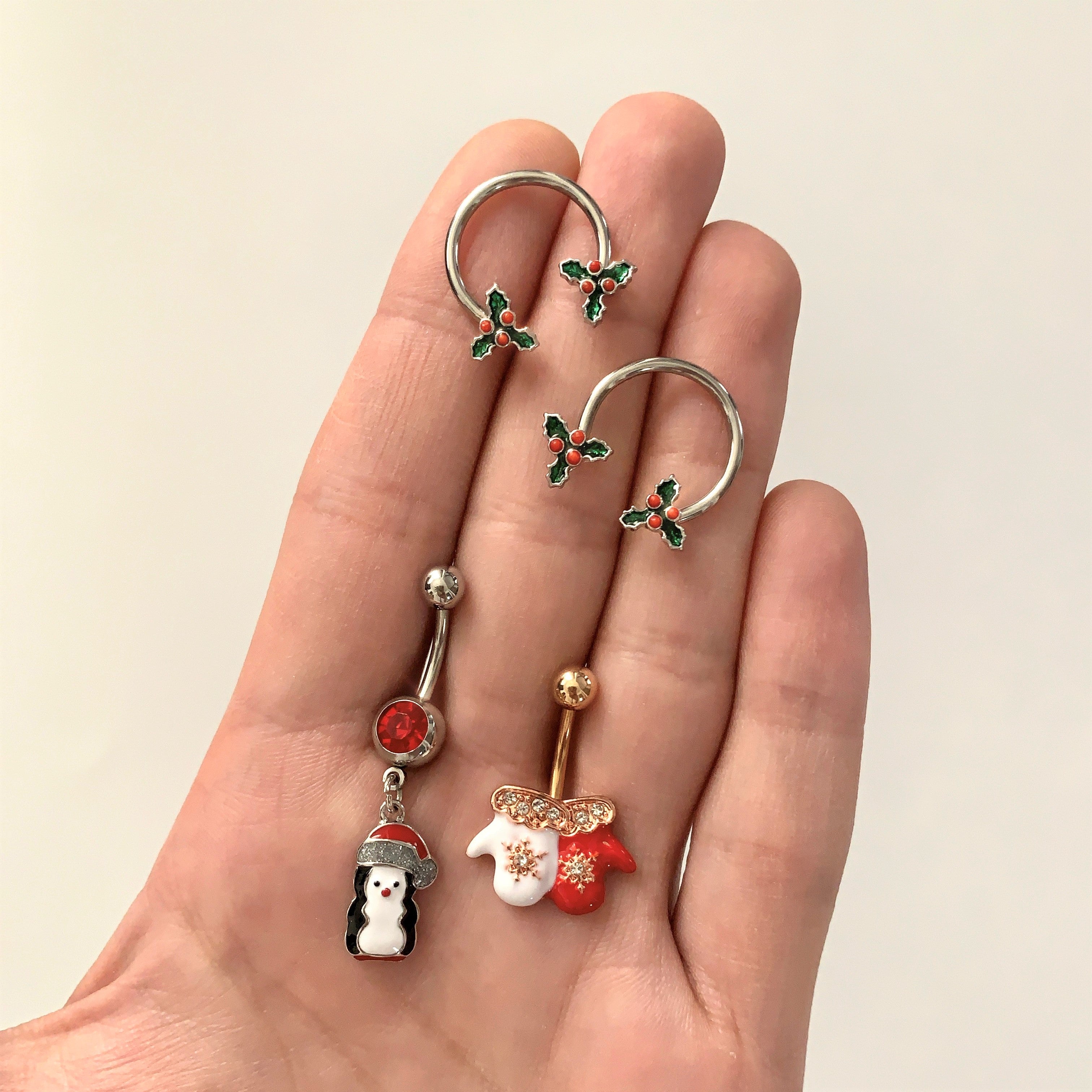 Clear Gem Rose Gold Tone Winter Mittens Snowflake Christmas Belly Ring