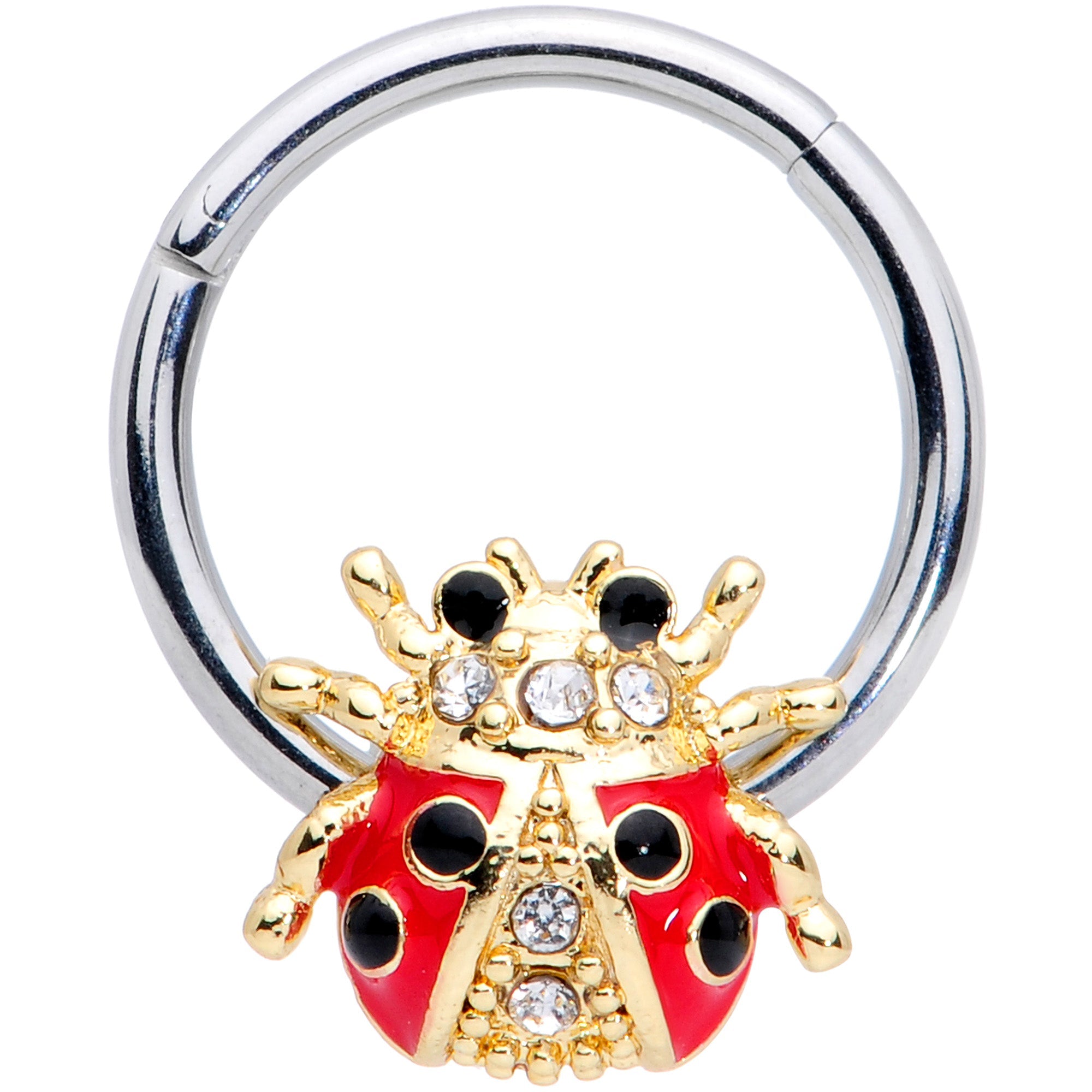 16G 3/8 Clear Gem Red Black Ladybug Hinged Segment Ring