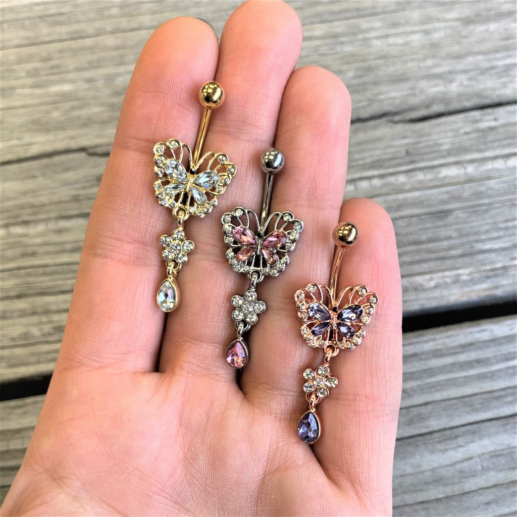 Purple Gem Rose Gold Tone Lacy Butterfly Flower Drop Dangle Belly Ring