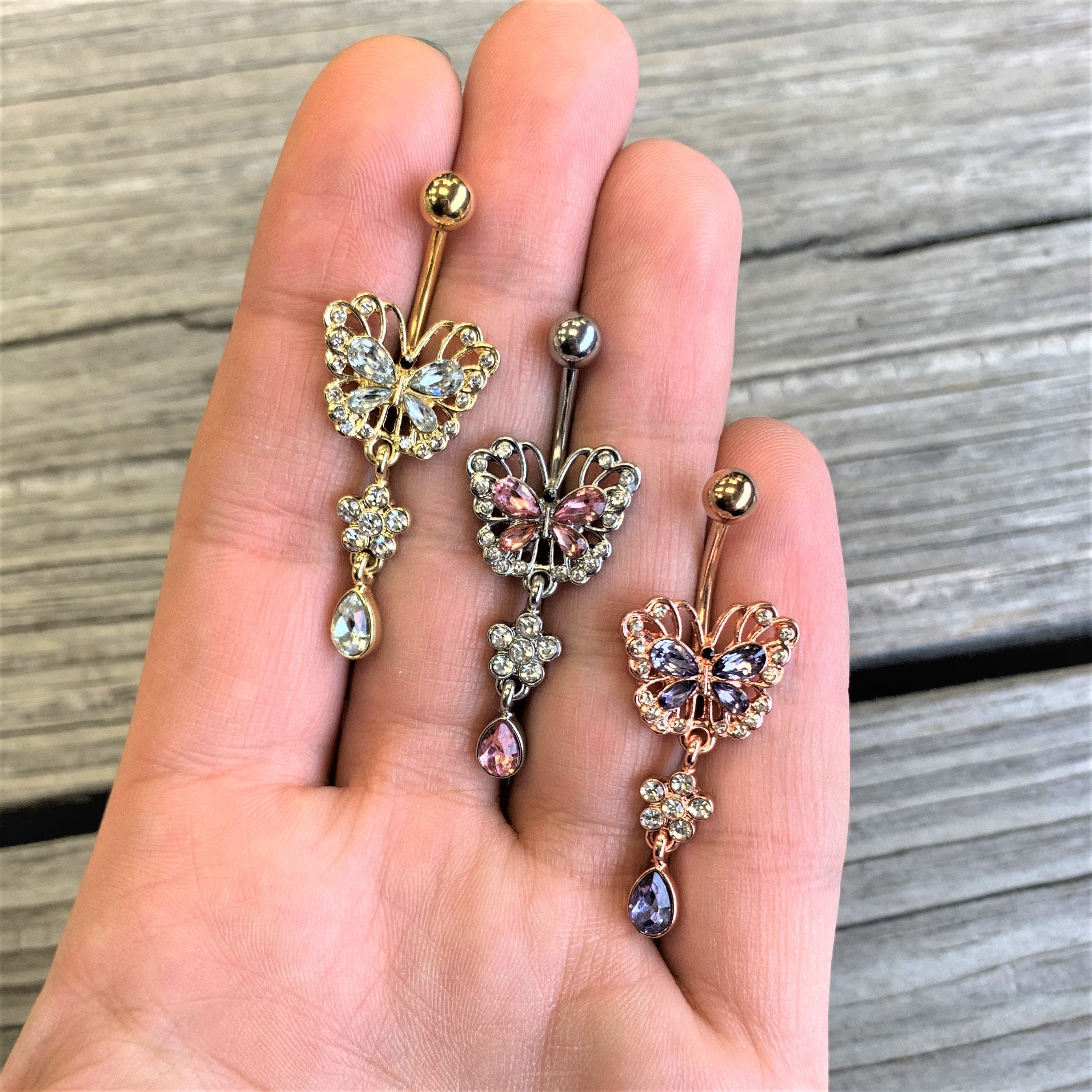 Clear Pink Gem Lacy Butterfly Flower Drop Dangle Belly Ring