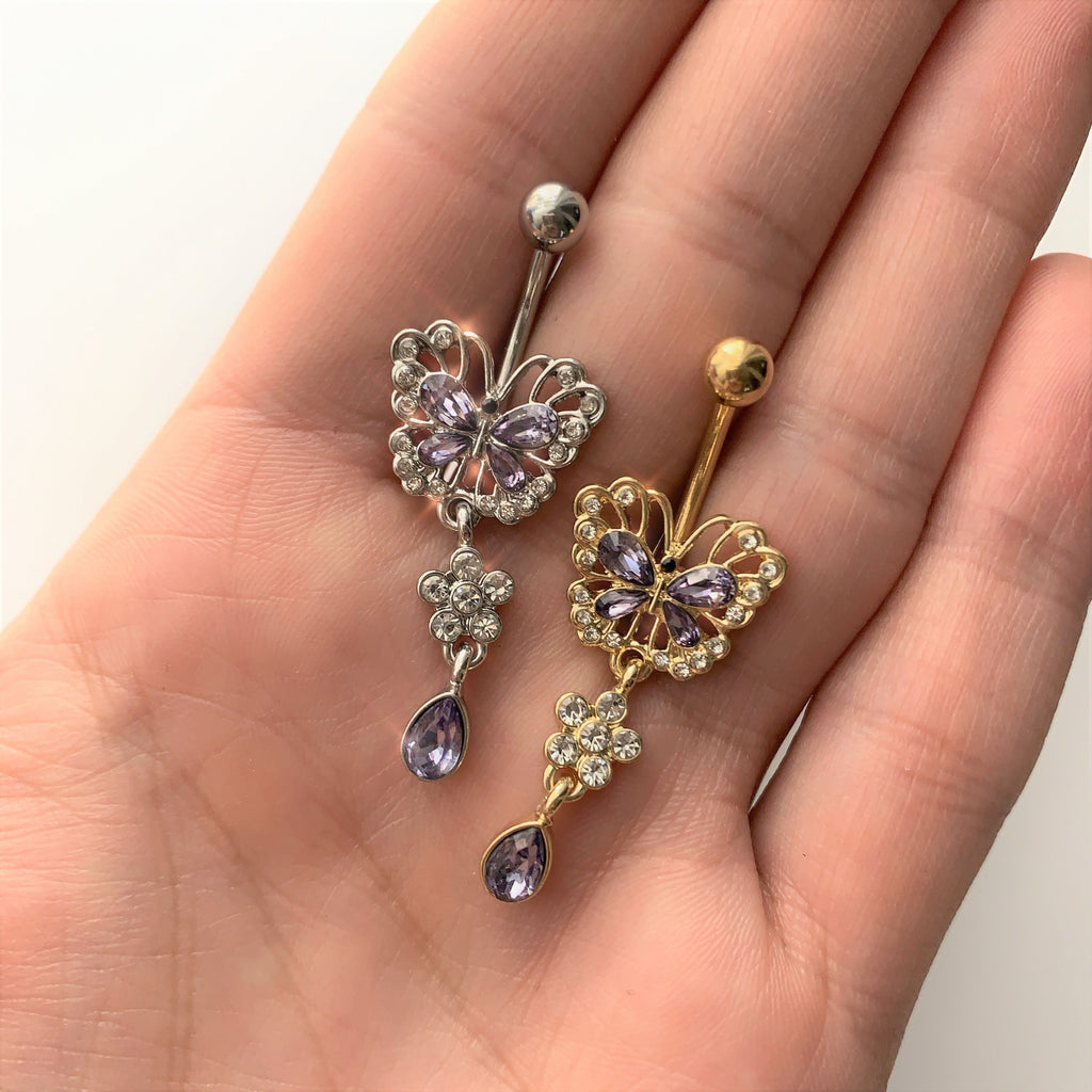 Clear Purple Gem Gold Tone Lacy Butterfly Flower Drop Dangle Belly Ring