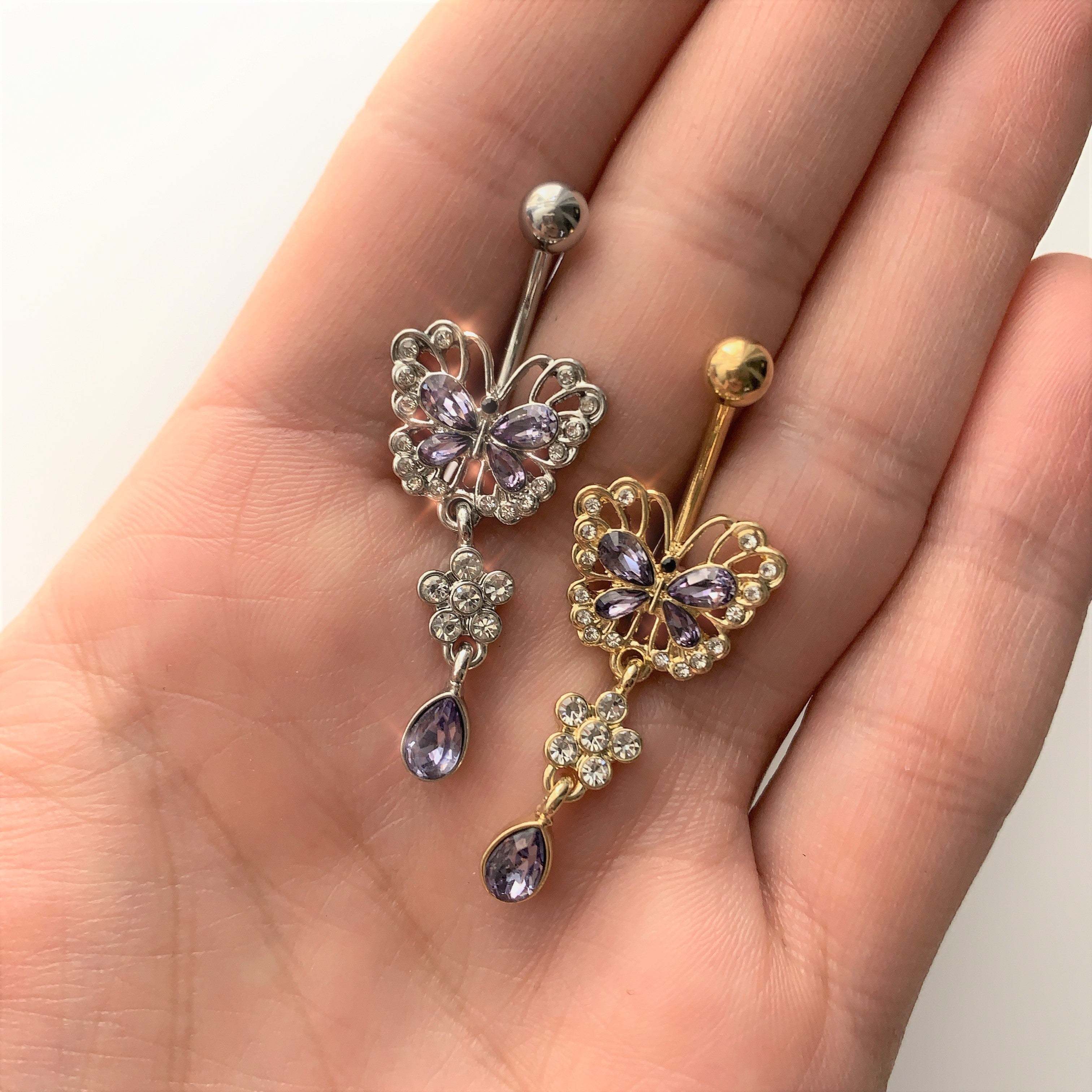 Clear Purple Gem Gold Tone Lacy Butterfly Flower Drop Dangle Belly Ring
