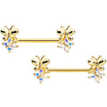 14G 5/8 Aurora CZ Gem Gold Tone Butterfly Barbell Nipple Set