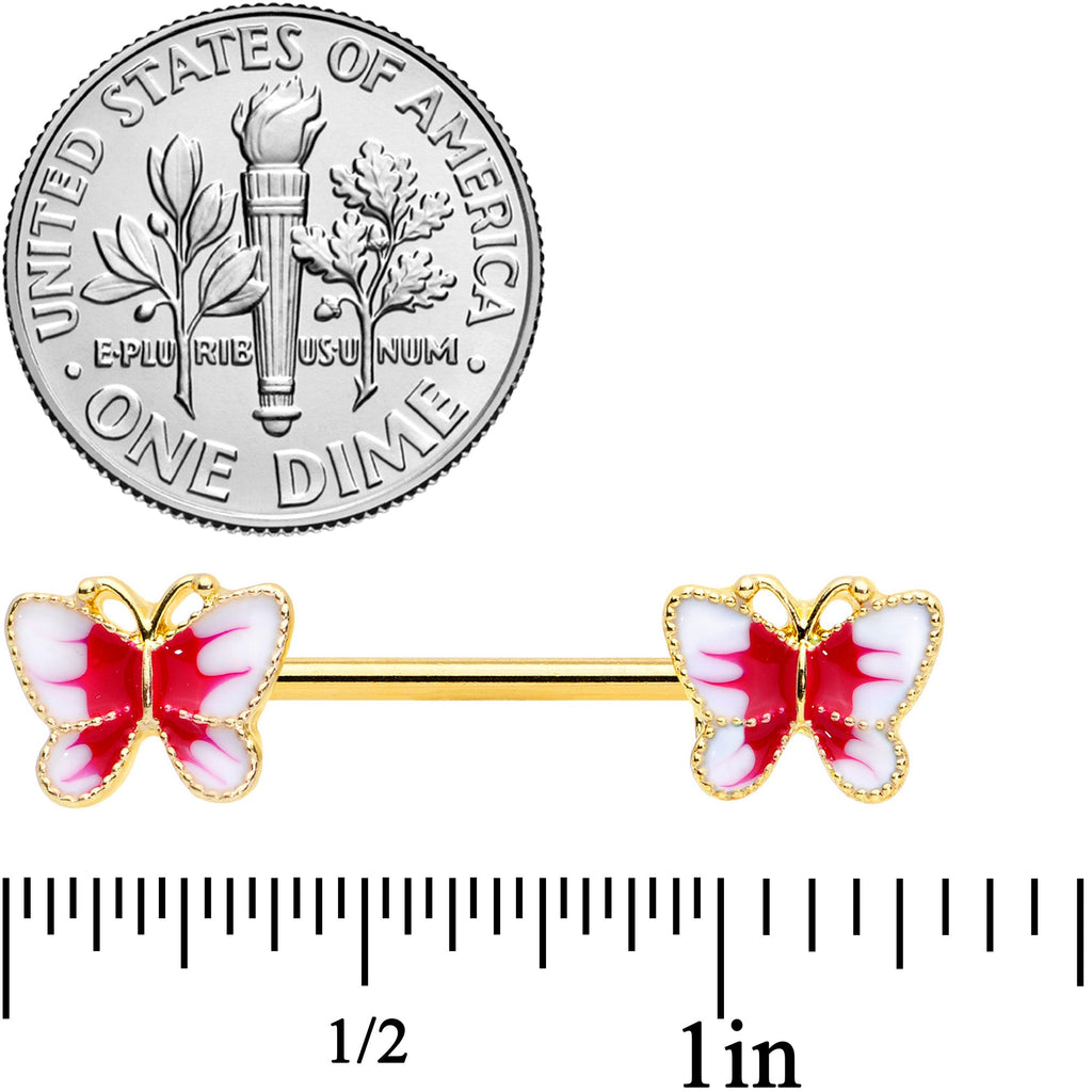 14G 9/16 Gold Tone White Red Butterfly Barbell Nipple Set
