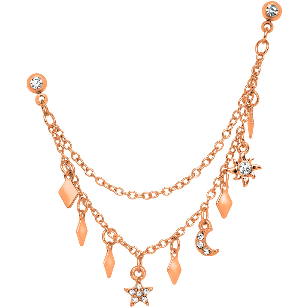 16G 1/4 Rose Gold Tone Moon Sun Dangle Cartilage Chain Earring