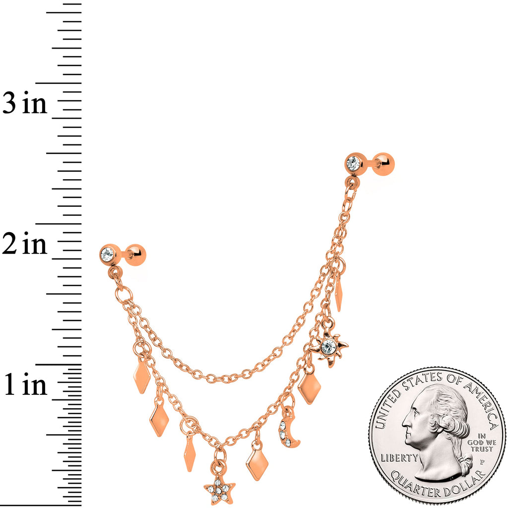 16G 1/4 Rose Gold Tone Moon Sun Dangle Cartilage Chain Earring