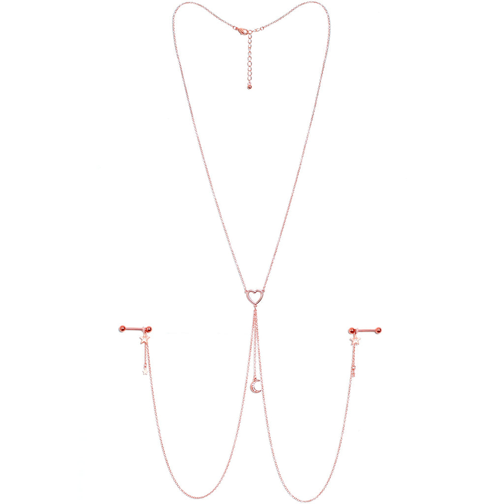 14G 5/8 Aurora Gem Rose Gold Hue Star Moon Nipple Chain Necklace