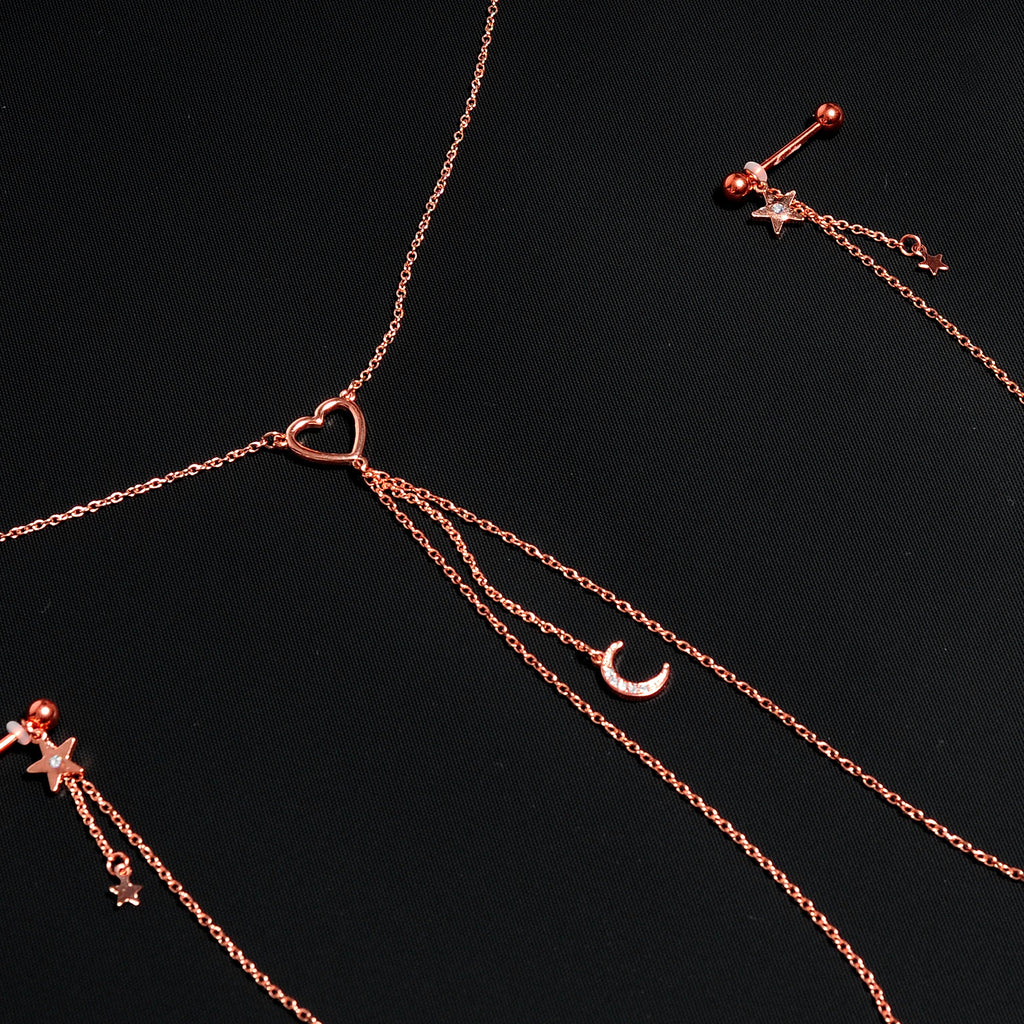 14G 5/8 Clear Gem Rose Gold Hue Star Moon Nipple Chain Necklace
