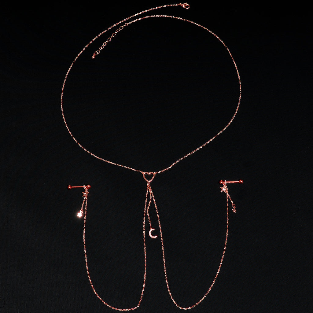 14G 5/8 Clear Gem Rose Gold Hue Star Moon Nipple Chain Necklace