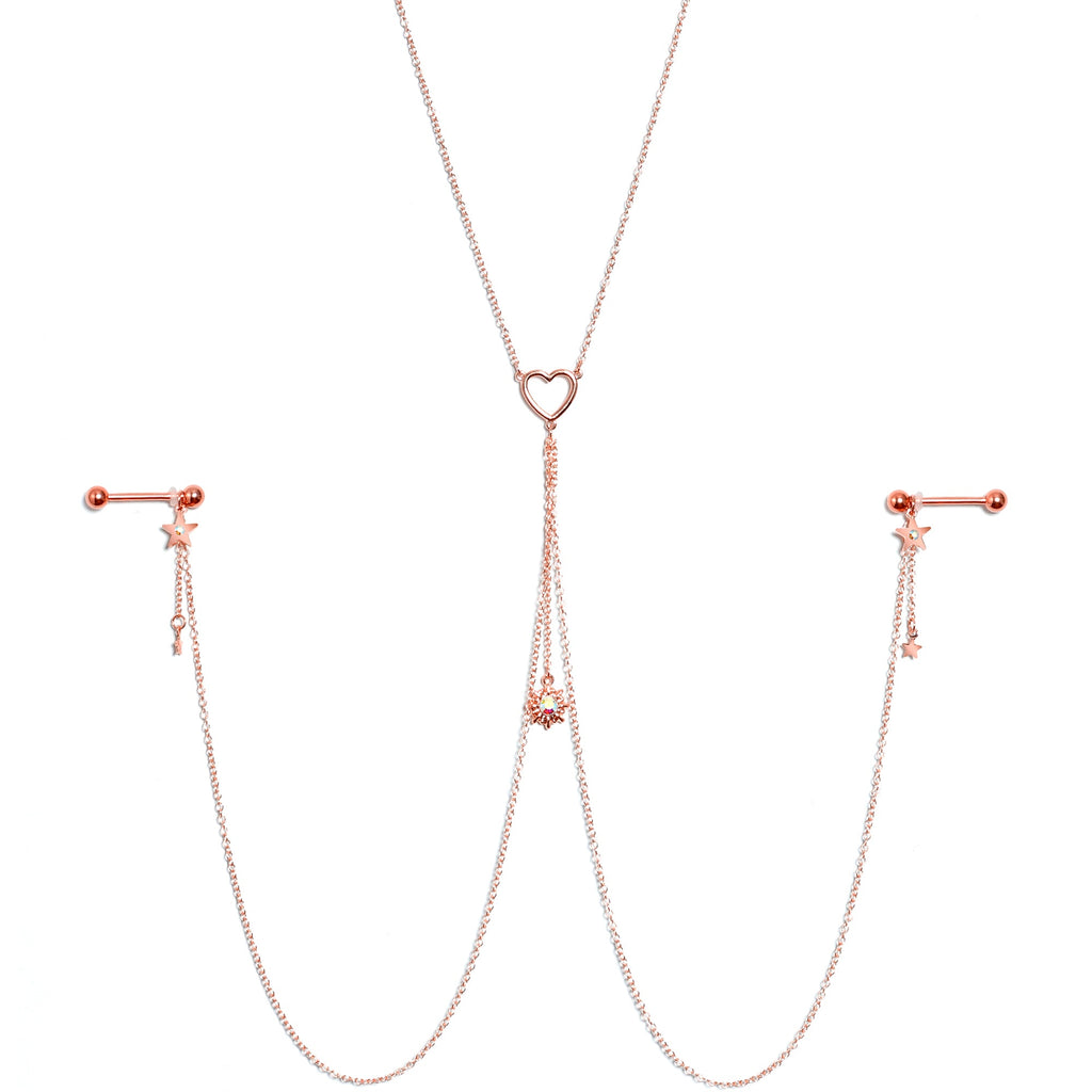 14G 5/8 Aurora Gem Rose Gold Hue Star Sun Nipple Chain Necklace