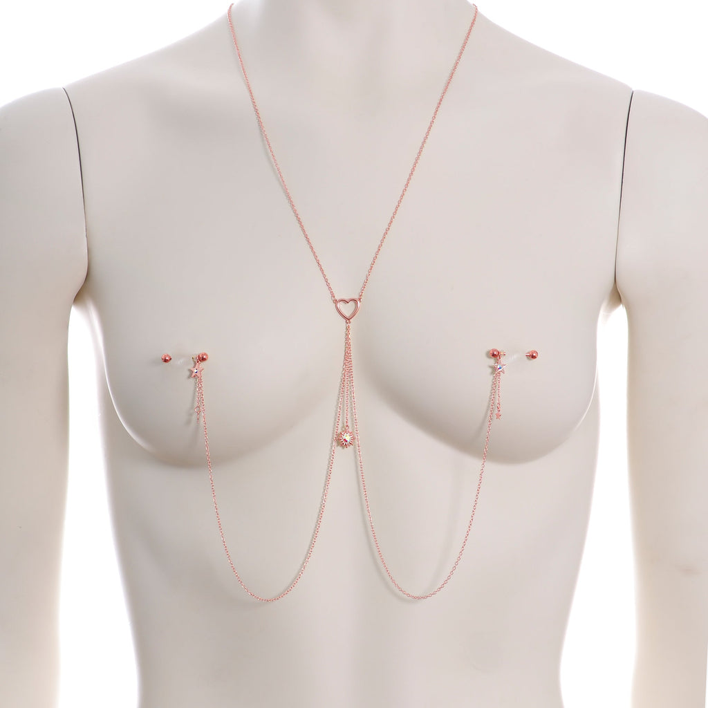 14G 5/8 Aurora Gem Rose Gold Hue Star Sun Nipple Chain Necklace