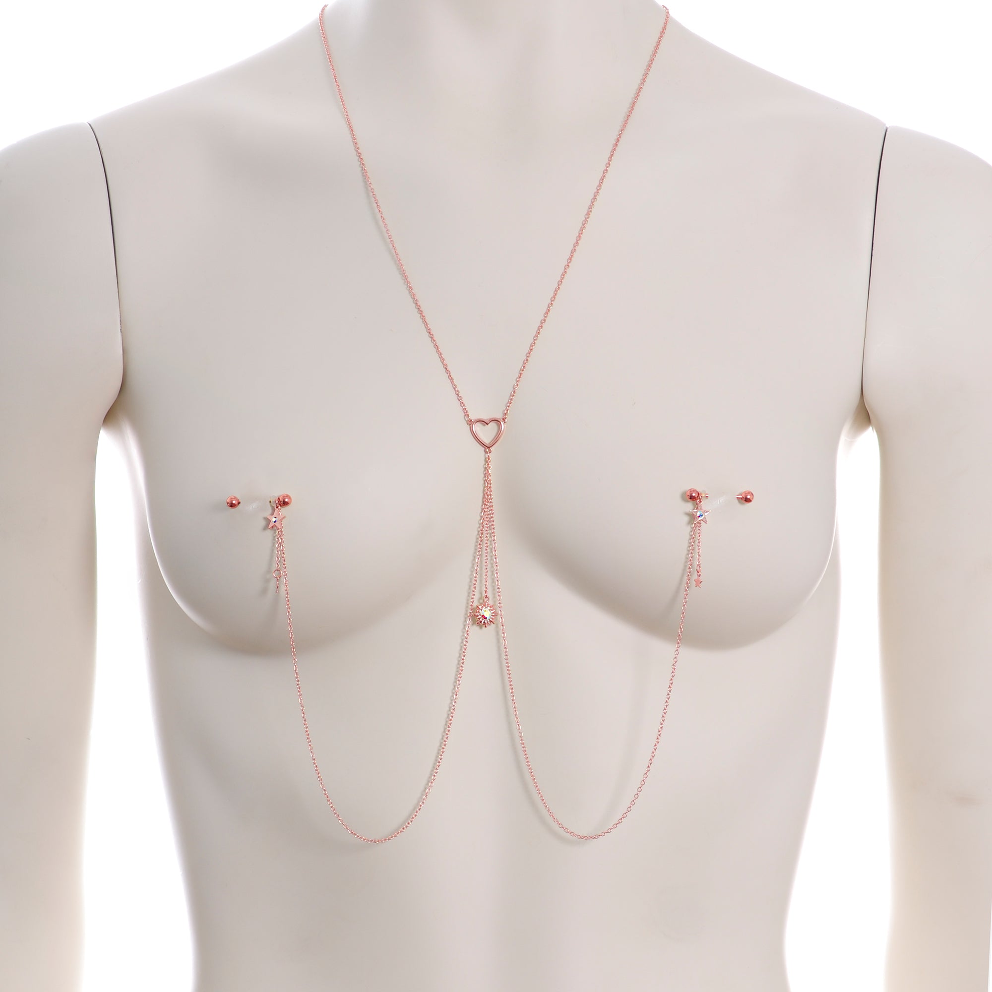 14G 5/8 Aurora Gem Rose Gold Hue Star Sun Nipple Chain Necklace
