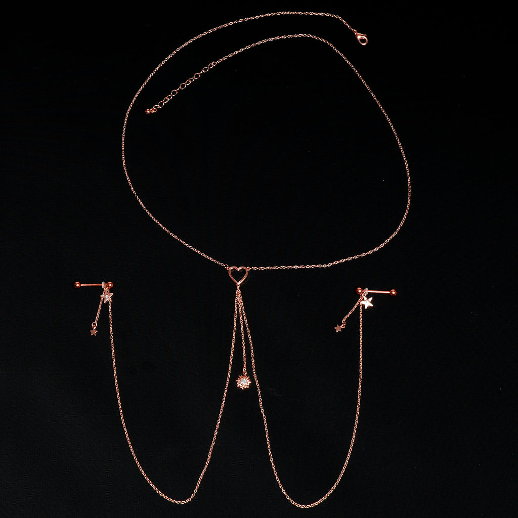 14G 5/8 Clear Gem Rose Gold Hue Star Sun Nipple Chain Necklace