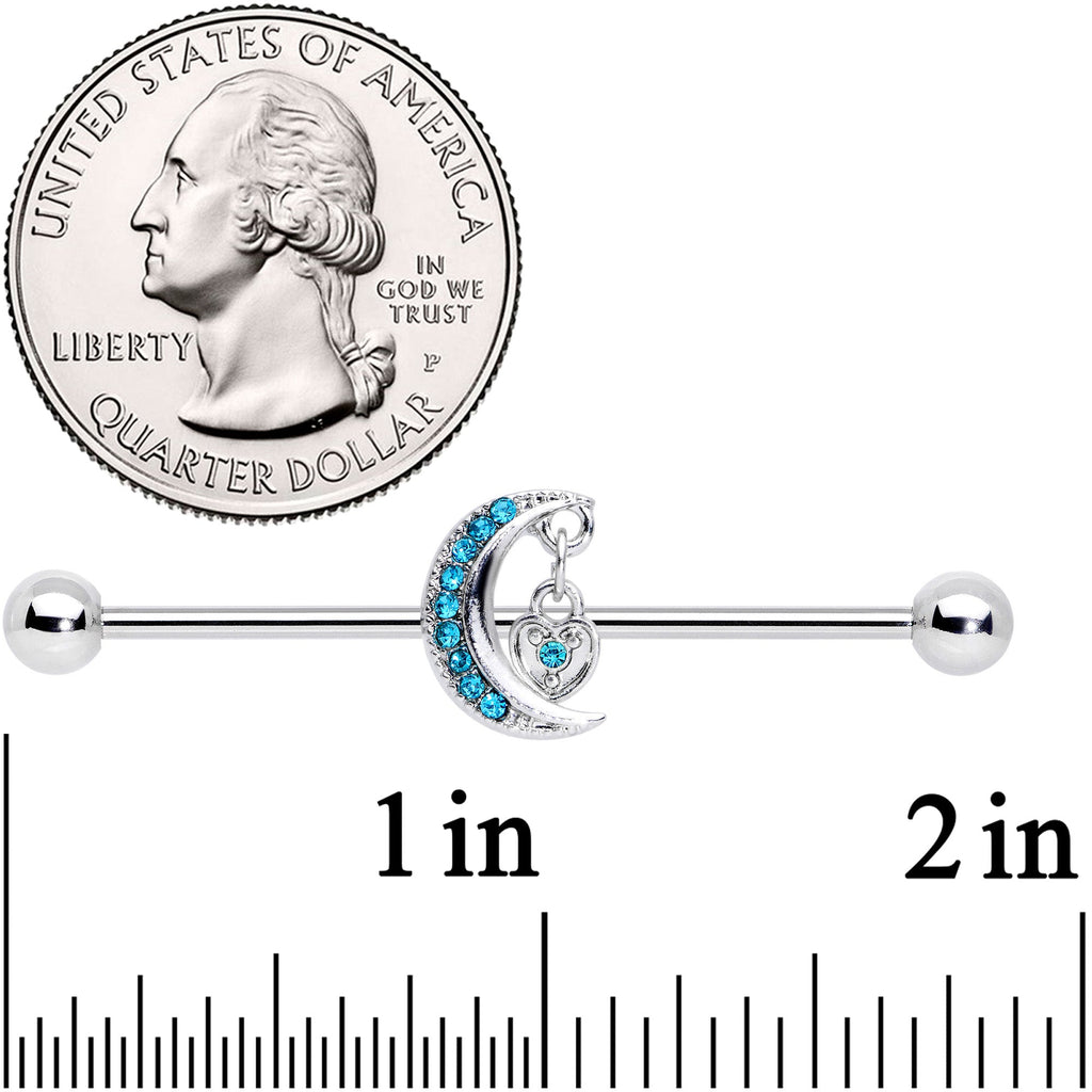 14G Aqua CZ Gem Heart Padlock Moon Dangle Industrial Barbell 38mm