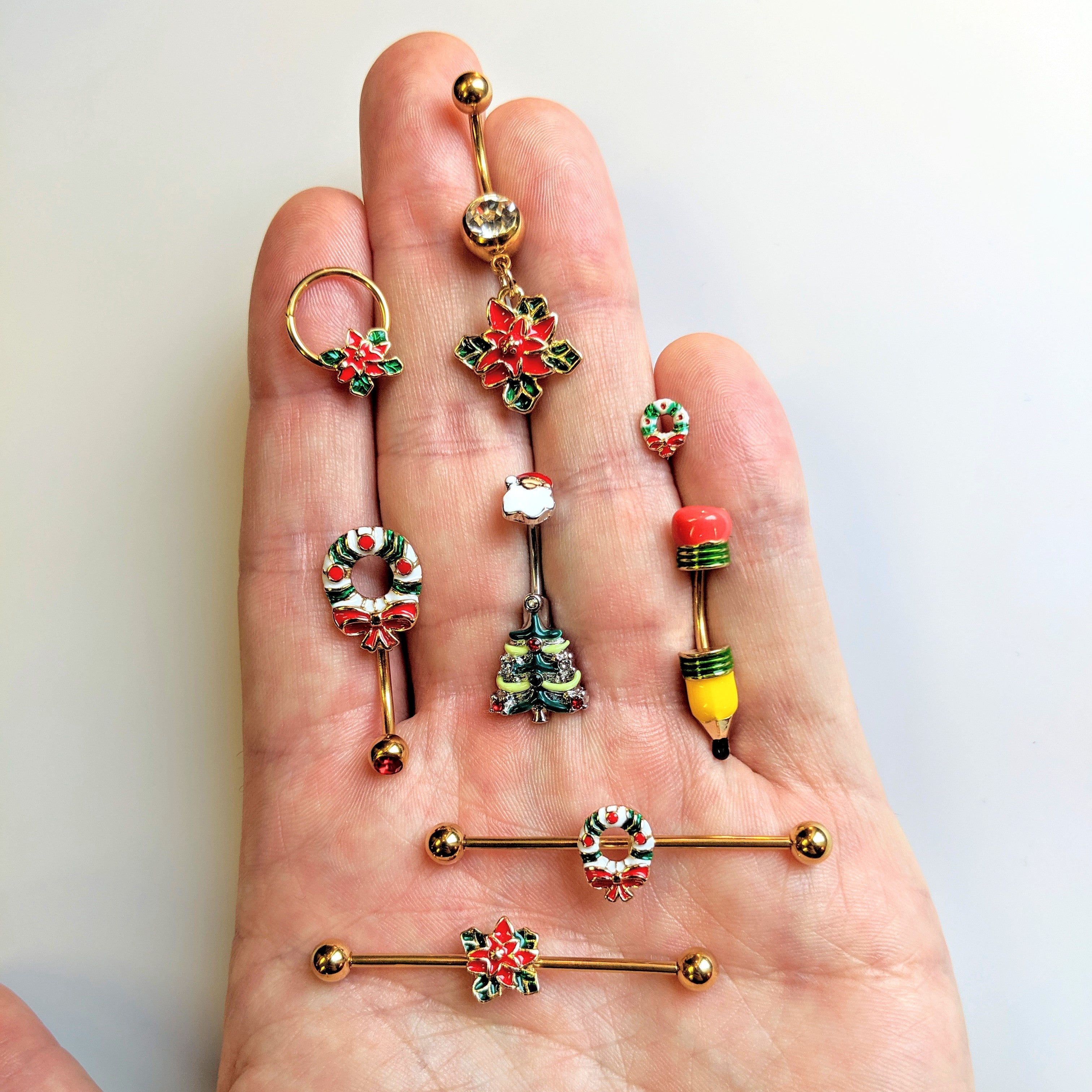 14G Gold Tone PVD Poinsettia Christmas Industrial Barbell 38mm