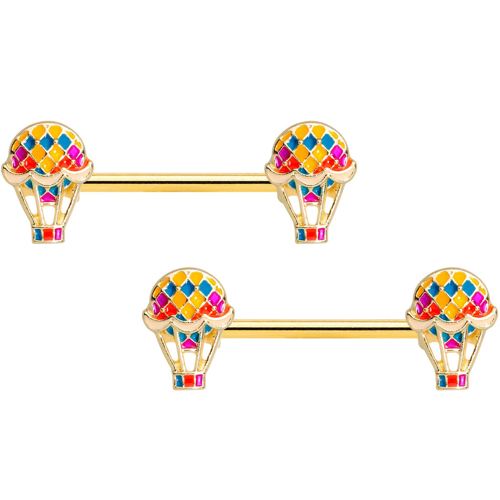 14G 9/16 Gold Tone Red Hot Air Balloon Barbell Nipple Ring Set