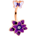 Clear Gem Rose Gold Purple Flower Butterfly Double Mount Belly Ring
