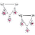 14G 1/2 Pink Gem Trio Stars Chain Dangle Nipple Ring Set