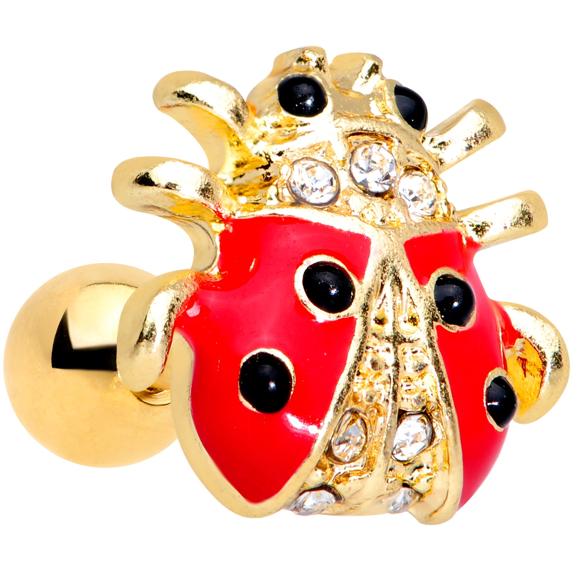 16G 1/4 Clear Black Gem Gold Tone Ladybug Cartilage Tragus Earring