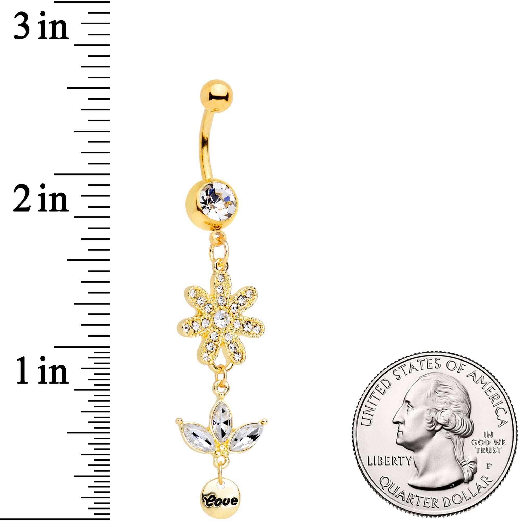 Clear Gem Gold Tone Flower Leaves Love Dangle Belly Ring