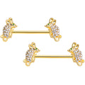 14G 9/16 Clear Aqua Gem Gold Tone Mouse Barbell Nipple Ring Set