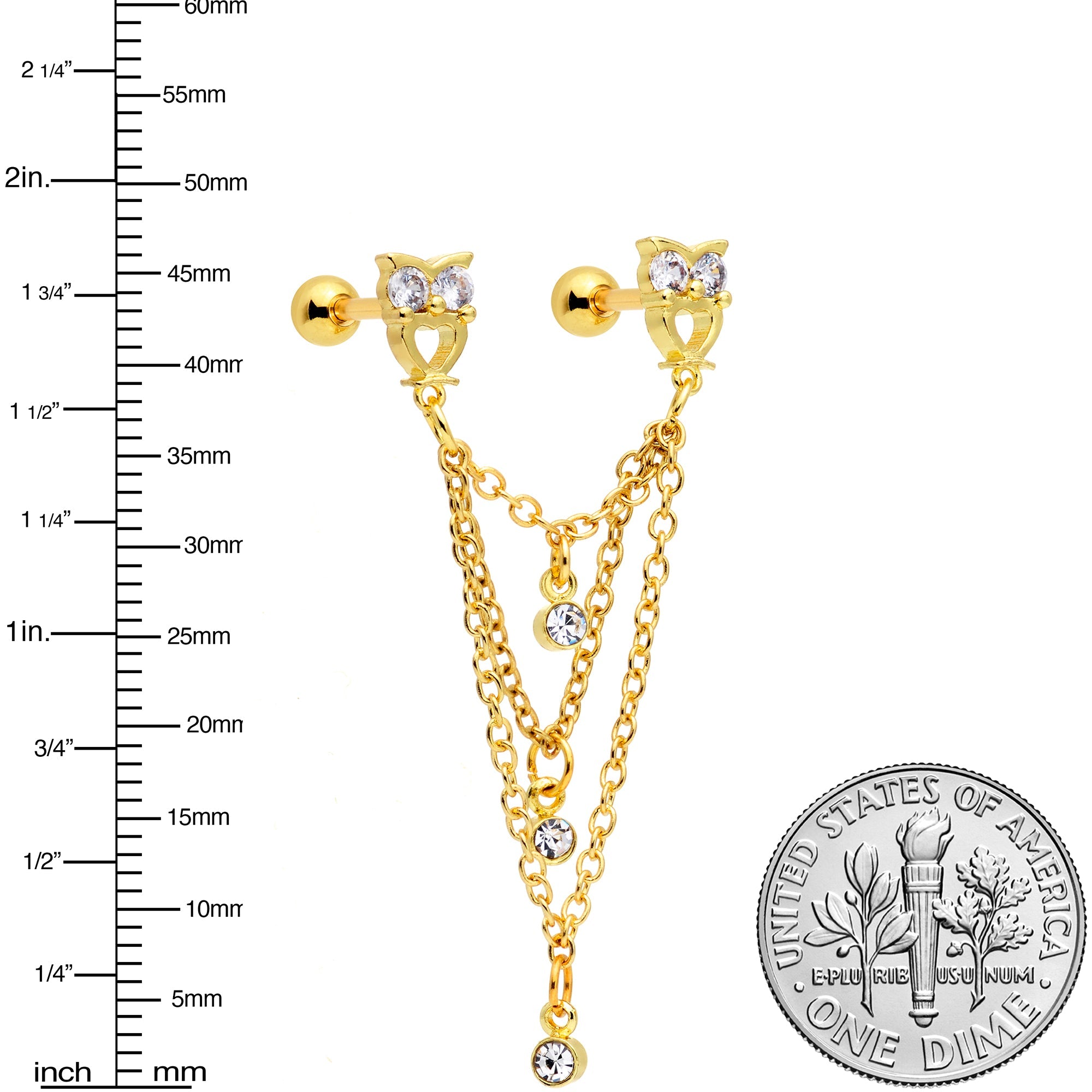 16G 1/4 Clear CZ Gem Gold Tone Owl Dangle Cartilage Chain Earring