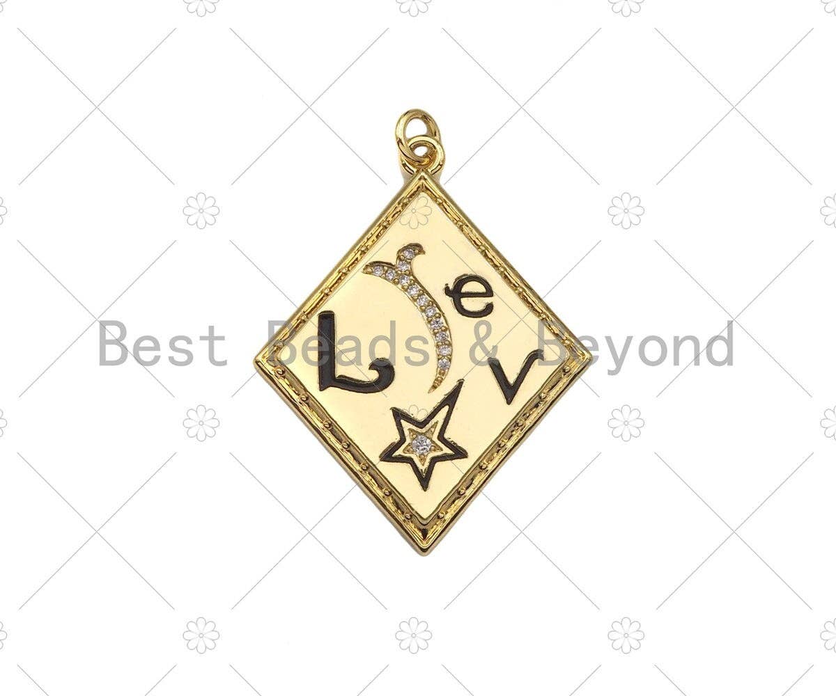 Gold Filled CZ Micro Pave Love Word On Rhombus Shape Pendant, 18K Gold Filled Black Enamel Charm, Necklace Bracelet Charm,30x38mm,Sku#L567