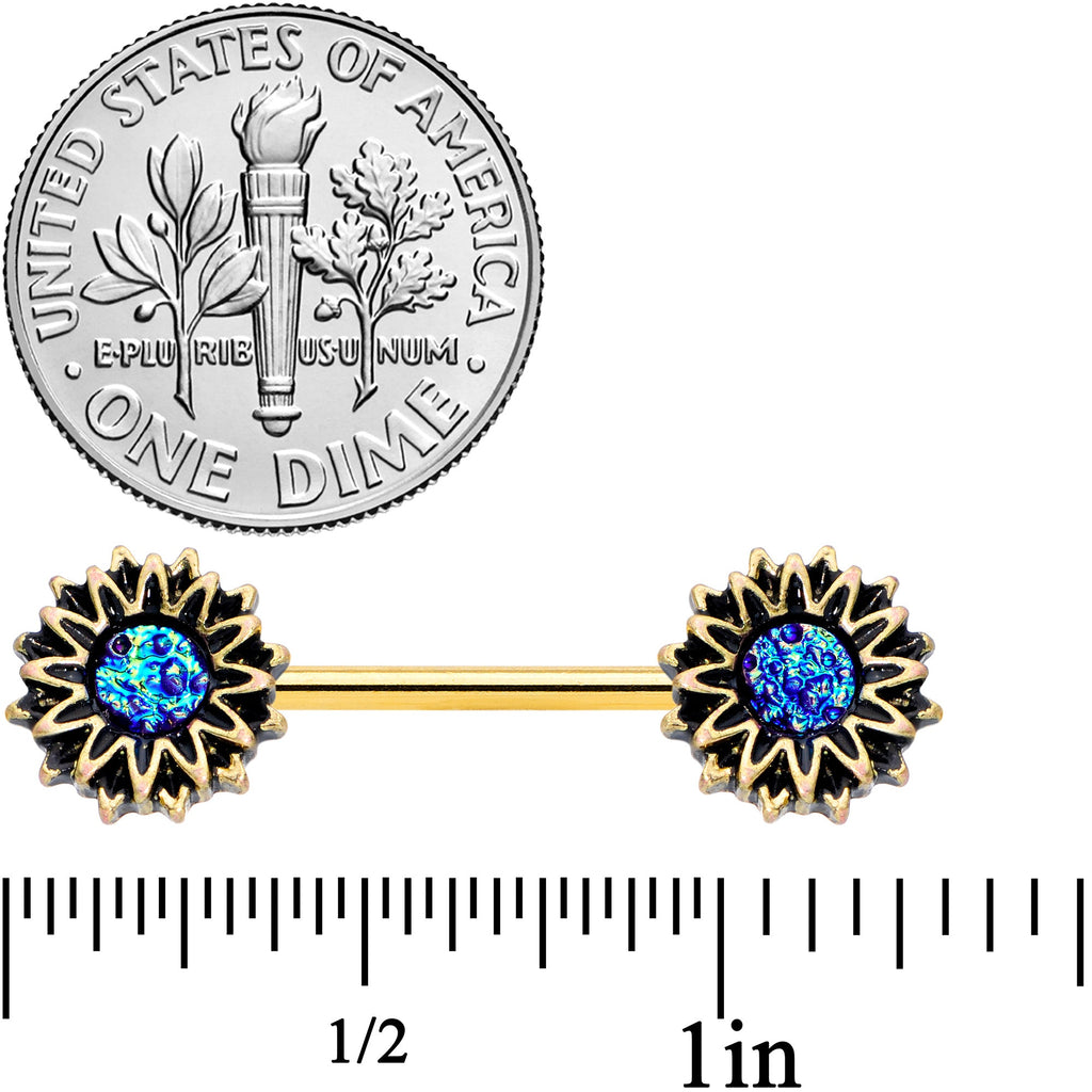 14G 9/16 Gold Tone Aqua Center Sunburst Barbell Nipple Ring Set