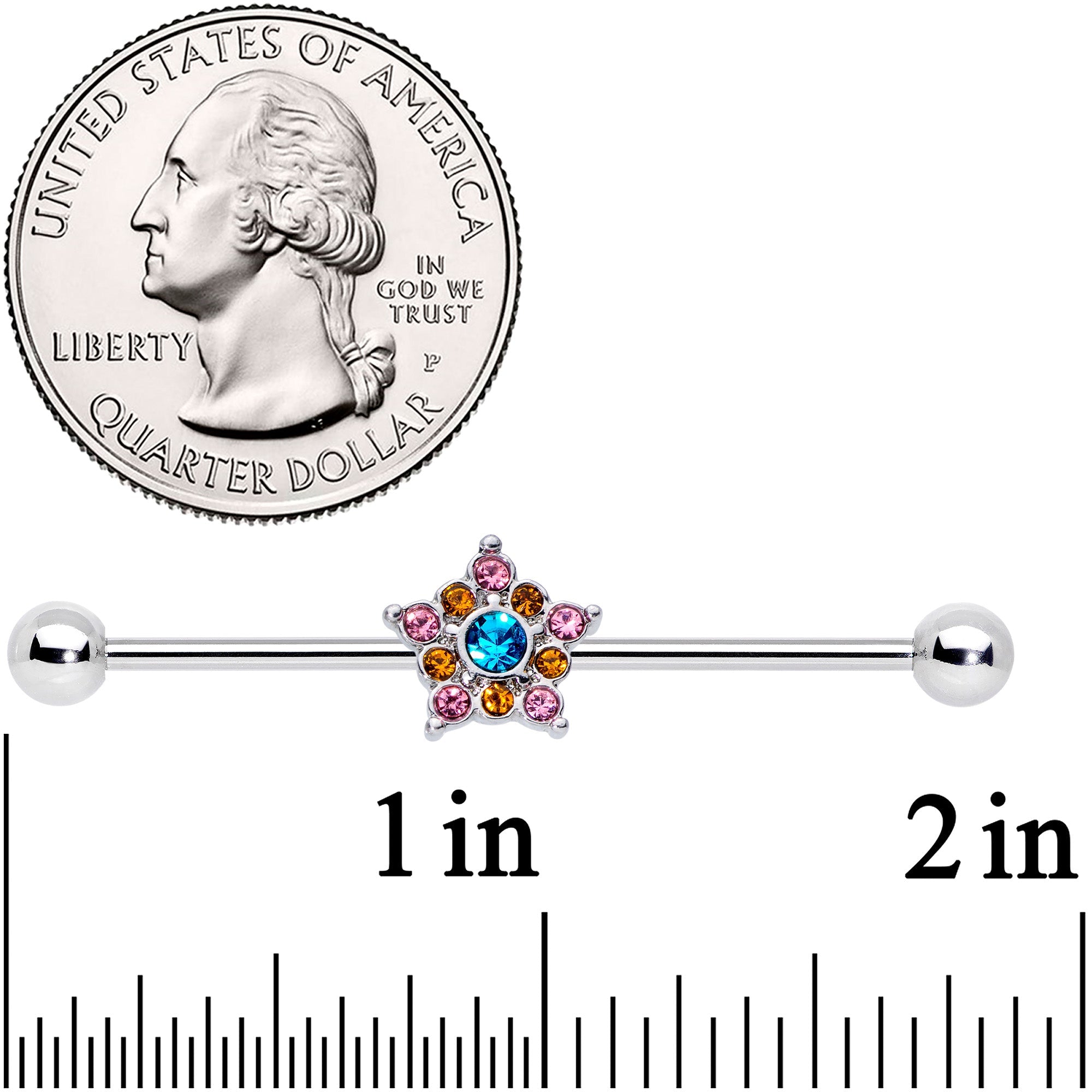 14G Pink Yellow Blue Gem Showy Star Industrial Barbell 38mm
