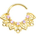 16G 5/16 Pink Gem Gold Tone Lovely Leaves Closure Ring
