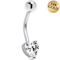 16G Solid 14K White Gold Cubic Zirconia Heart Solitaire Belly Ring