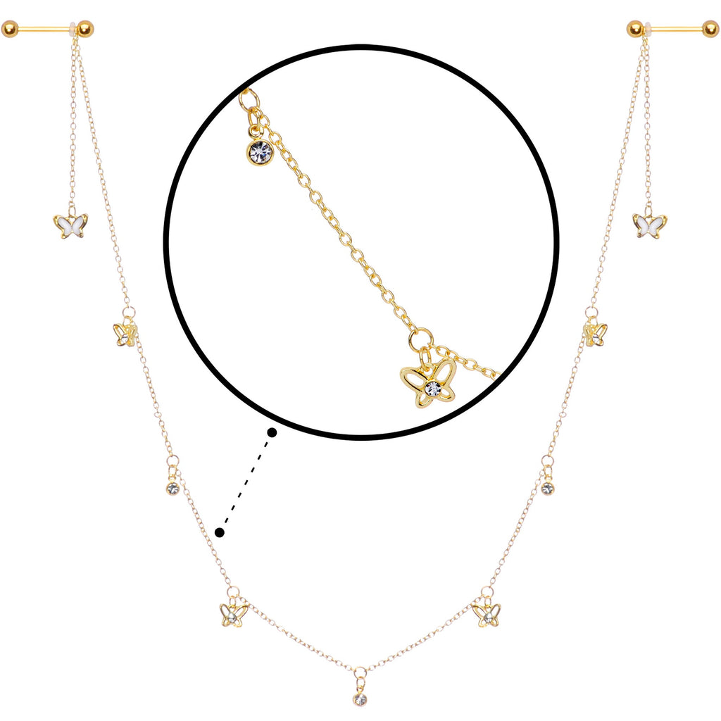 14G 9/16 Clear Gem Gold Tone Butterfly Dangle Nipple Chain