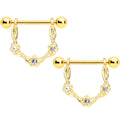 14G 5/8 Clear Gem Gold Tone Flower Dangle Nipple Ring Set