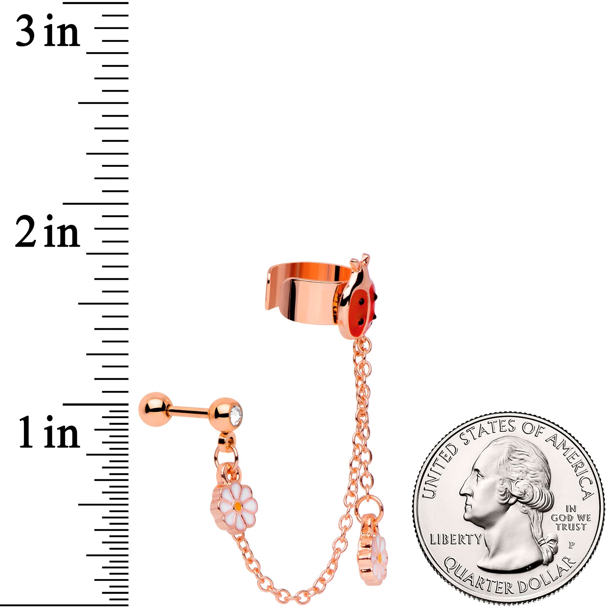 16G Rose Gold Tone Ladybug Flower Left Cuff Chain Cartilage Ring