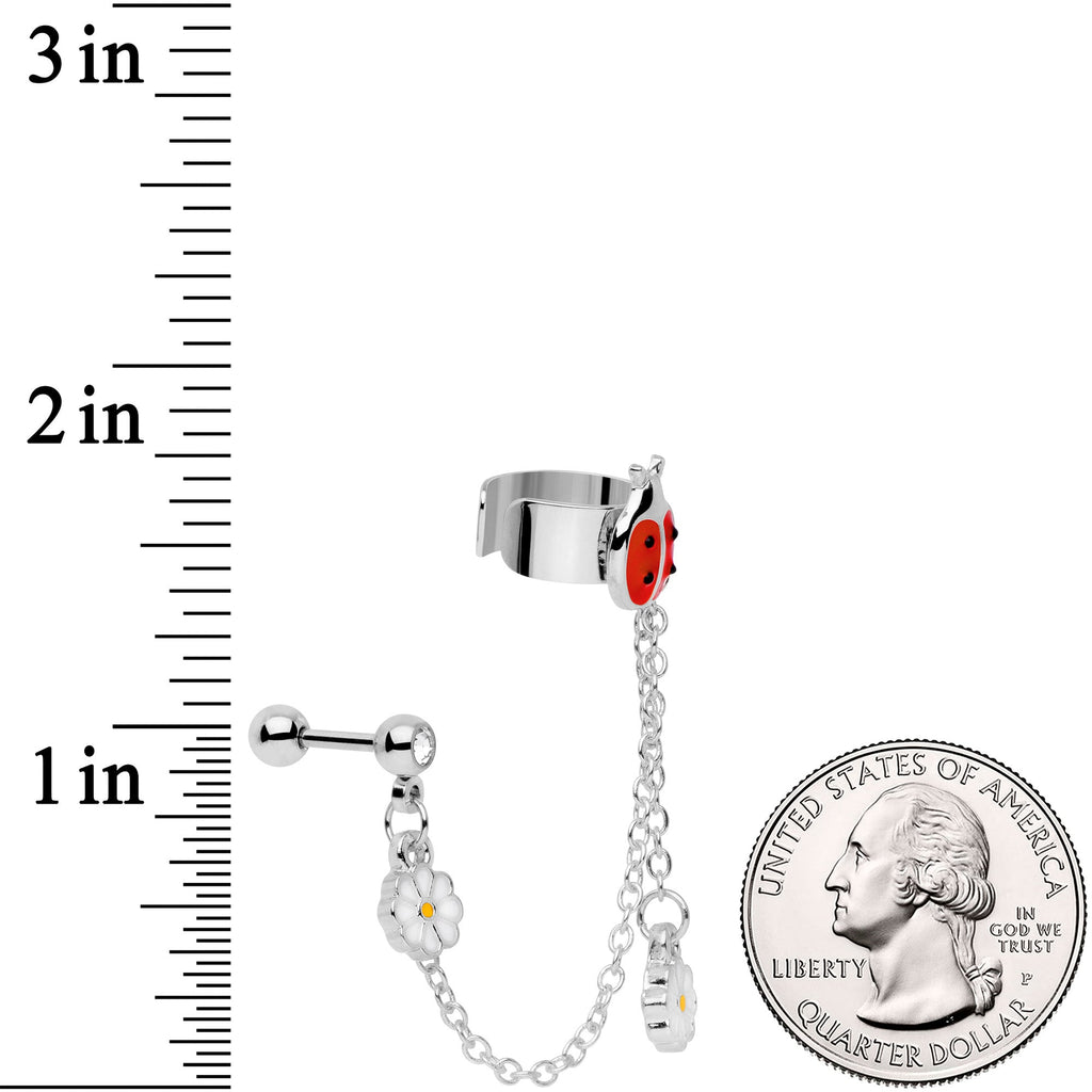 16G 1/4 Clear Gem Ladybug Flower Left Cuff Chain Cartilage Ring
