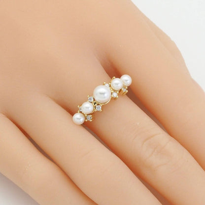 Gold CZ White Pearl Round Ring Adjustable Ring, Sku#LD411c