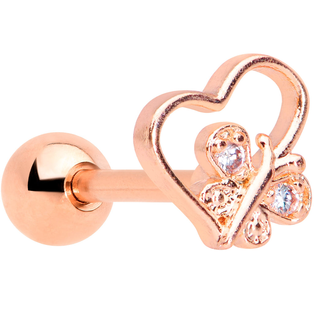 16G 1/4 Clear CZ Gem Rose Gold Tone Heart Cartilage Tragus