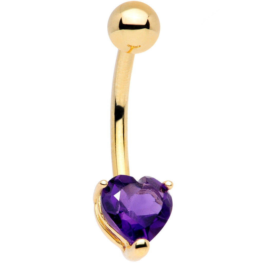 16G Solid 14K Yellow Gold GENUINE Light AMETHYST Heart Solitaire Belly Ring