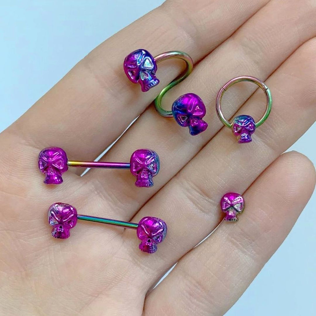 16G 3/8 Rainbow Plated Scary Skull Hinged Segment Ring