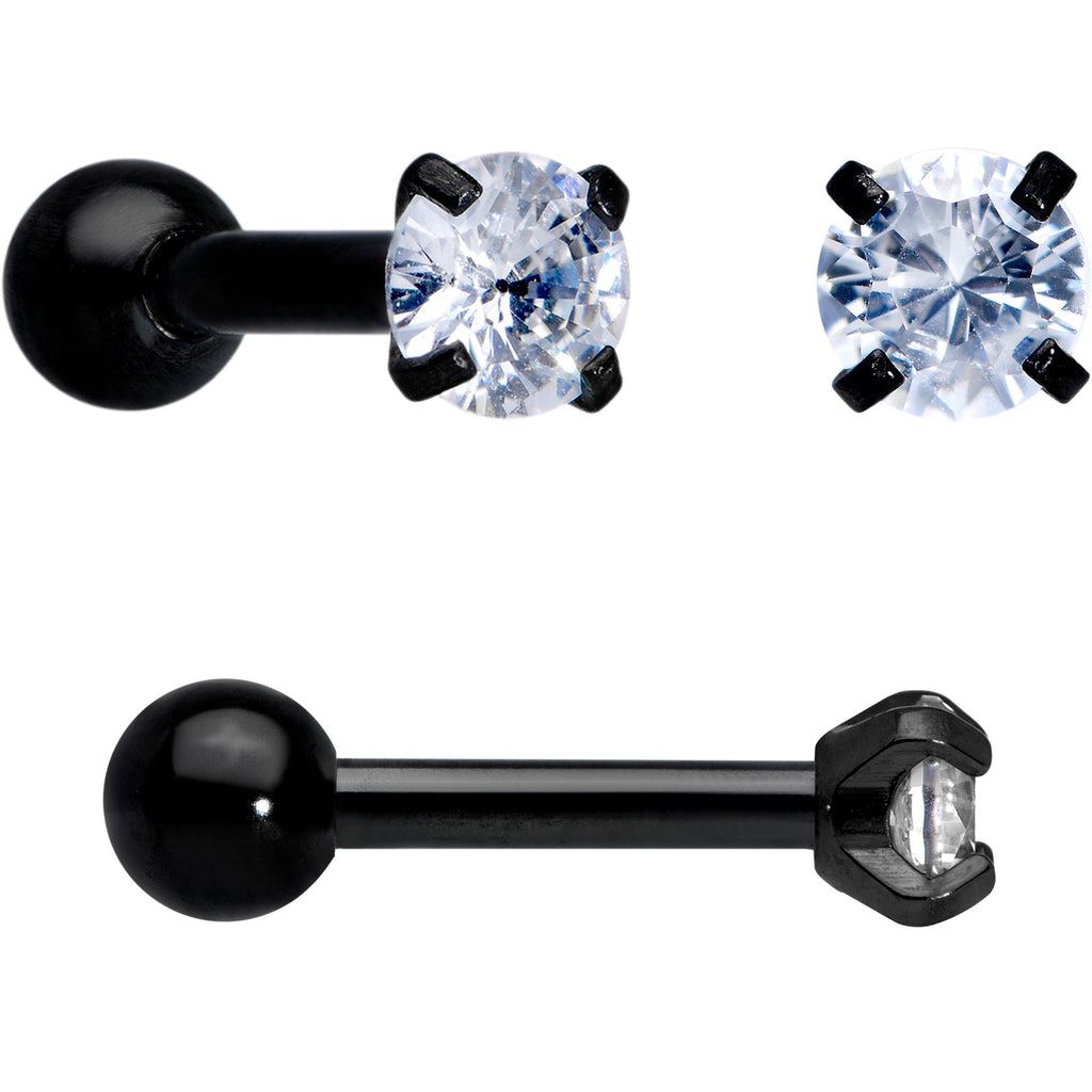 18G Clear CZ Gem Black Heart Cartilage Tragus Set of 8