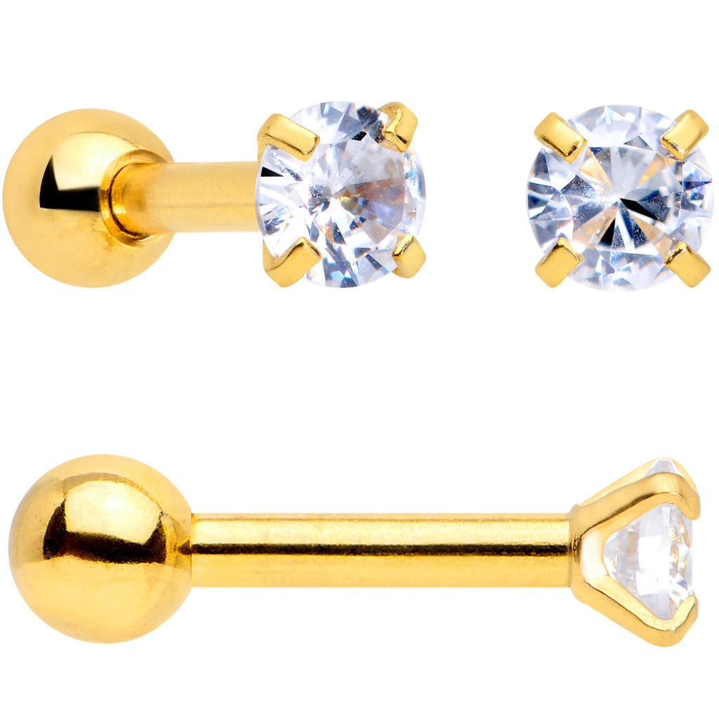 18G Clear CZ Gem Gold Tone Heart Cartilage Tragus Set of 8